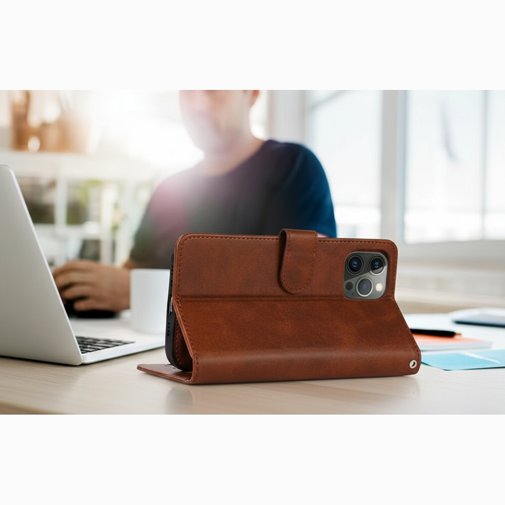 Plånboksfodral i läder med ställ – kompatibelt med iPhone